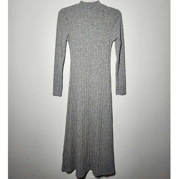 Zara Gray Marl Knit Midi Dress Long Sleeve Mock Neck A-Line Ribbed Jersey - Picture 5 of 11